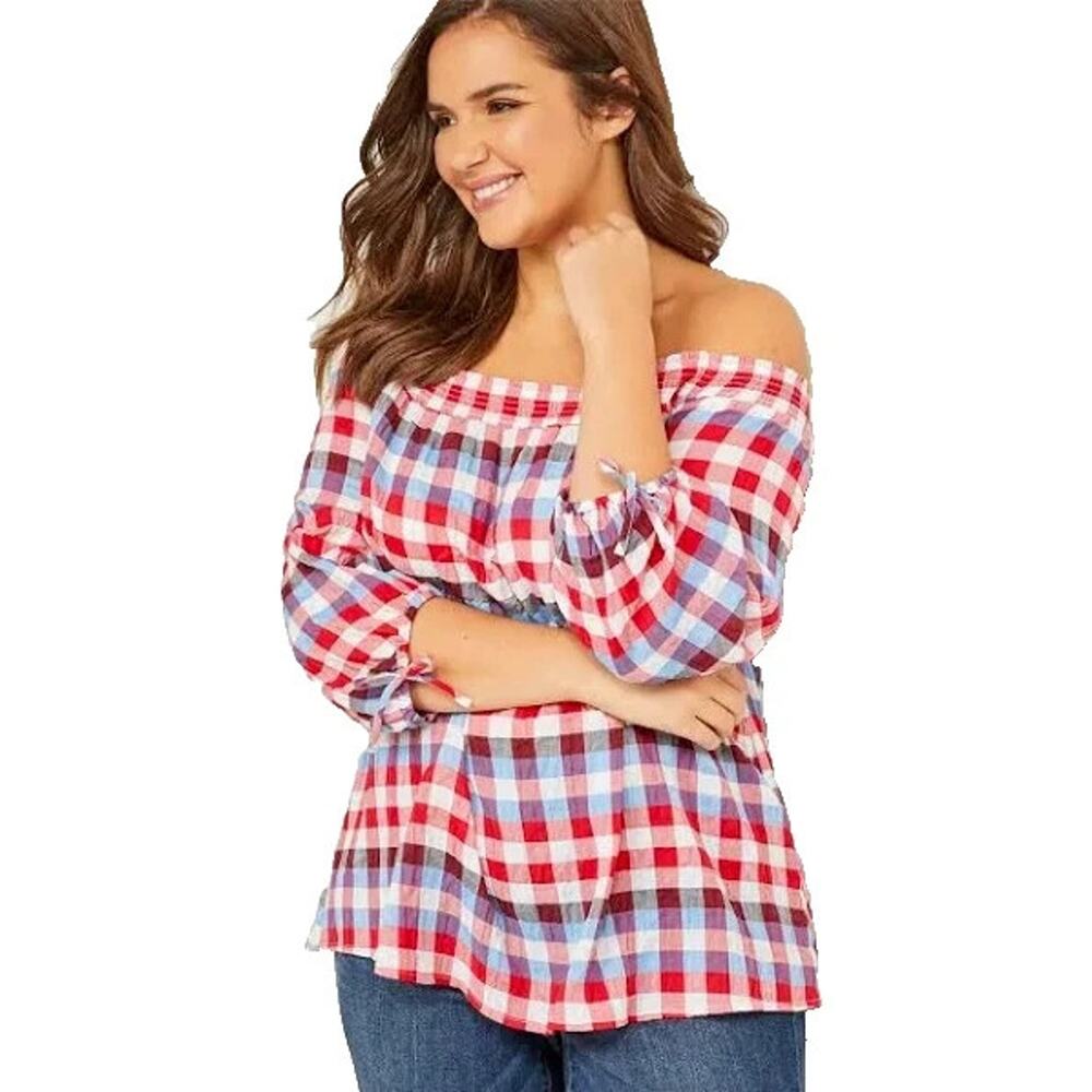 LANE BRYANT Off Shoulder Picnic‎ Patriotic Plaid Top Size 14/16 Beachy Red Blue